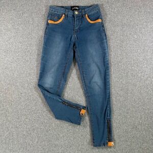 Joseph Ribkoff Denim Skinny Jeans Blue Leather Trim Zipper Ankle Pants Womens 6